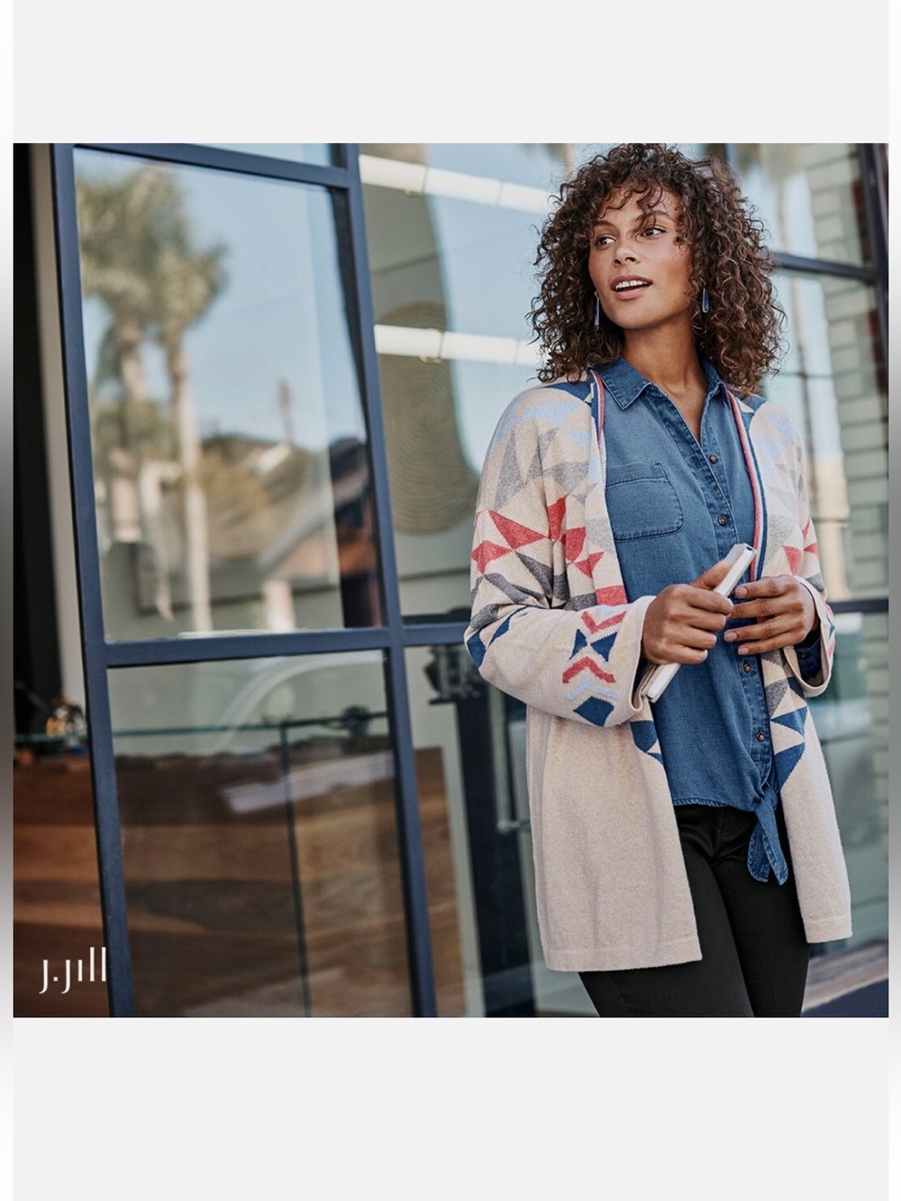 J. Jill L intarsia Western inspired Cream Open Cardigan with Geometric Accent